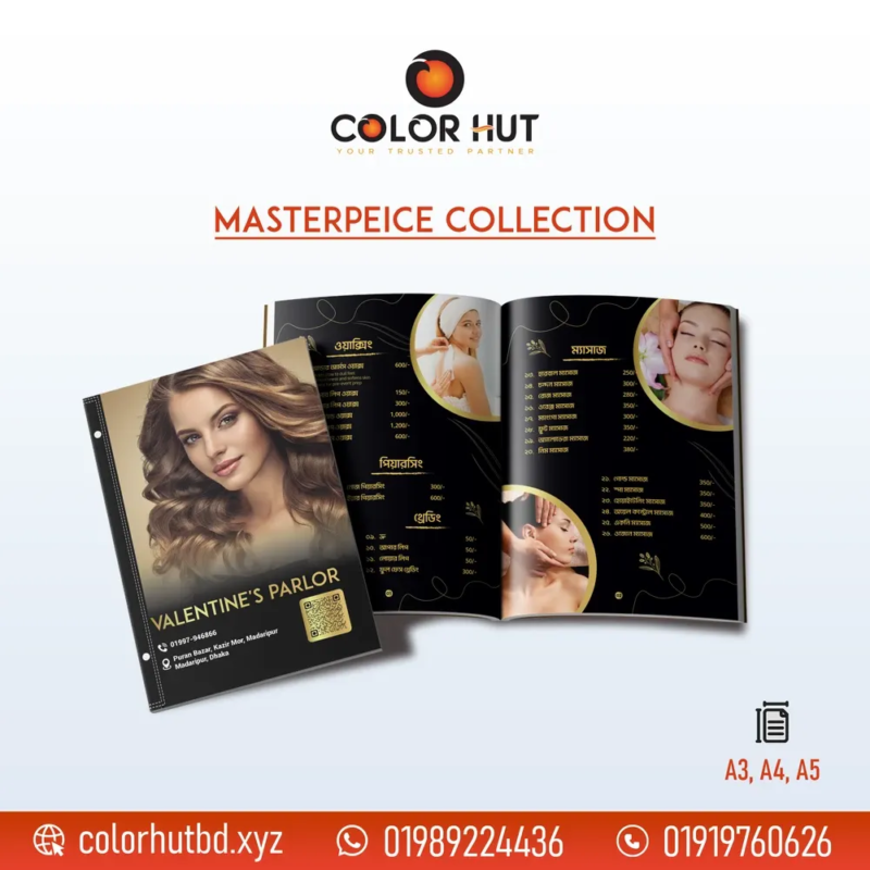 Parlor Menu Design with service image at black background.