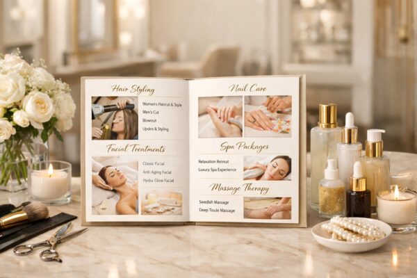 Modern parlor menu design and salon service menu layout for beauty salon
